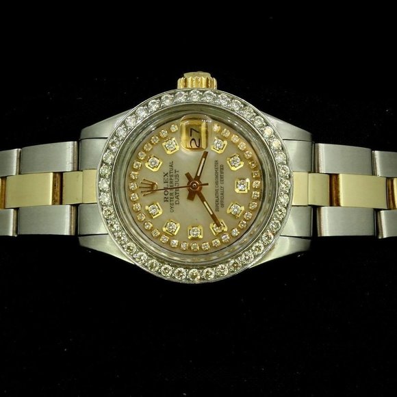 Rolex Ladies Datejust Oyster Stainless Gold Diamond Dial Bezel Watch
